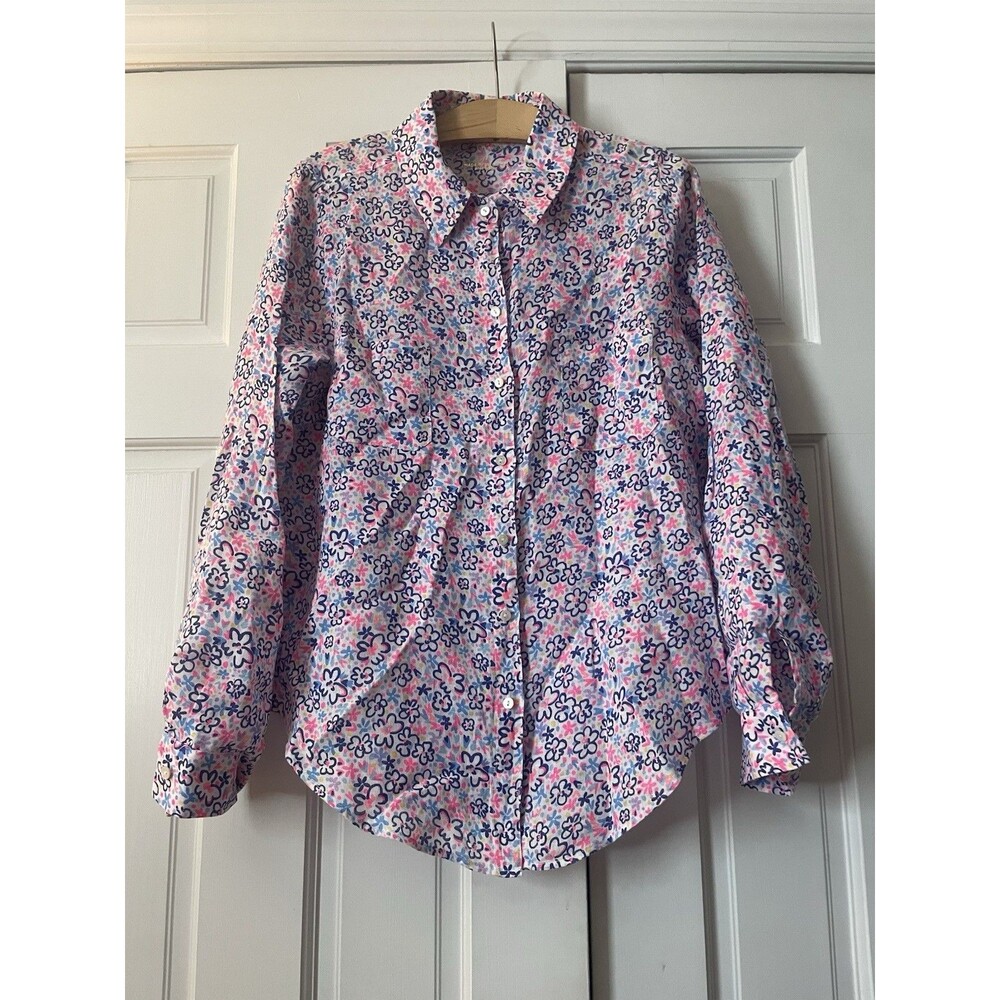 Lilly Pulitzer Sea View Button Down Linen Shirt Size M Ditsy Floral Pink Blue